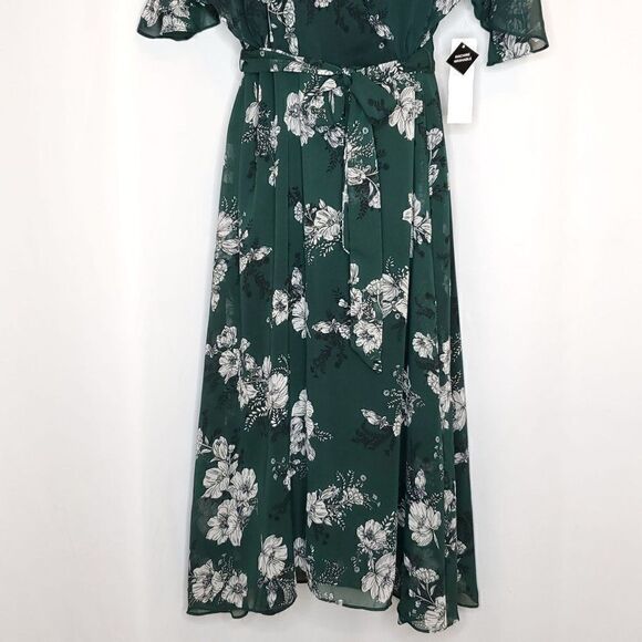 NEW Sandra Darren Floral Dress Sz 6 Sheer Green Belted Waisted A-Line V-Neck - Picture 3 of 7